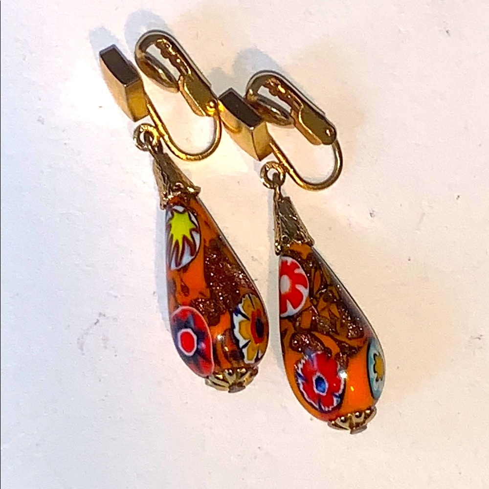 Vintage Milliflori Golden Orange Glass Bead Clip on Earrings